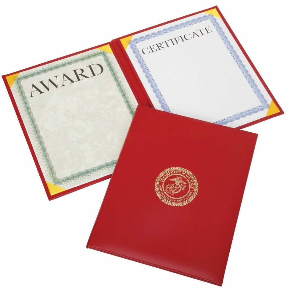 NSN7146629 - Padded Award Certificate Binder with a satin finish is embossed with a seal centered on the front cover. It features corner ribbons on white silk moire board. Transparent protective sheets display two 8-1/2" x 11" certificates.   