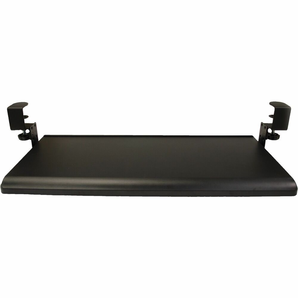 NSN7135954 - Upgrade your work space with this ergonomic keyboard slider tray. Sleek design clamps to a desk or table to mount a keyboard to your worksurface. Tray features three height-adjustment options and a sliding rail. It fits a standard or extra-large keyboard, mouse and pad. Metal clamp does not require tools. Plastic tray measures 27-1/2" wide x 12" deep. Total width including the clamp attachment is 32".   