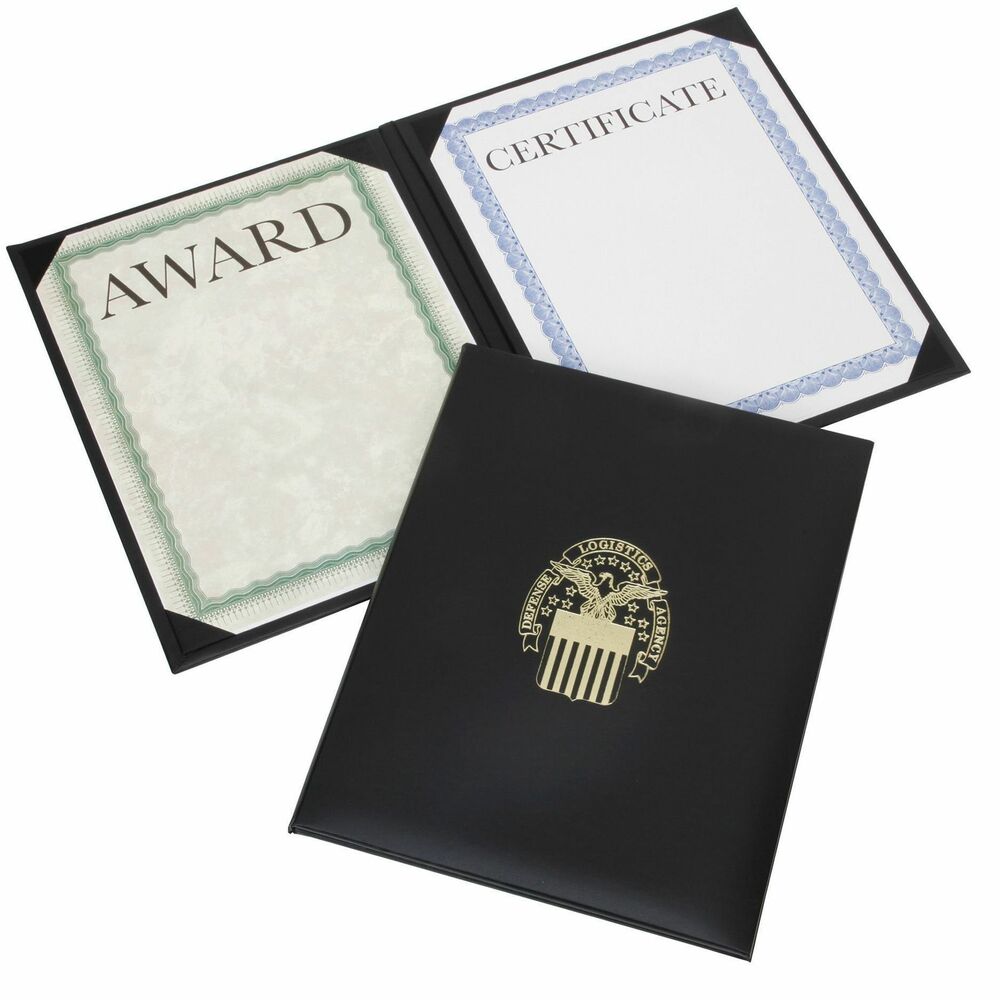 NSN7145934 - Padded Award Certificate Binder with a satin finish is embossed with a seal centered on the front cover. It features corner ribbons on white silk moire board. Transparent protective sheets display two 8-1/2" x 11" certificates.   
