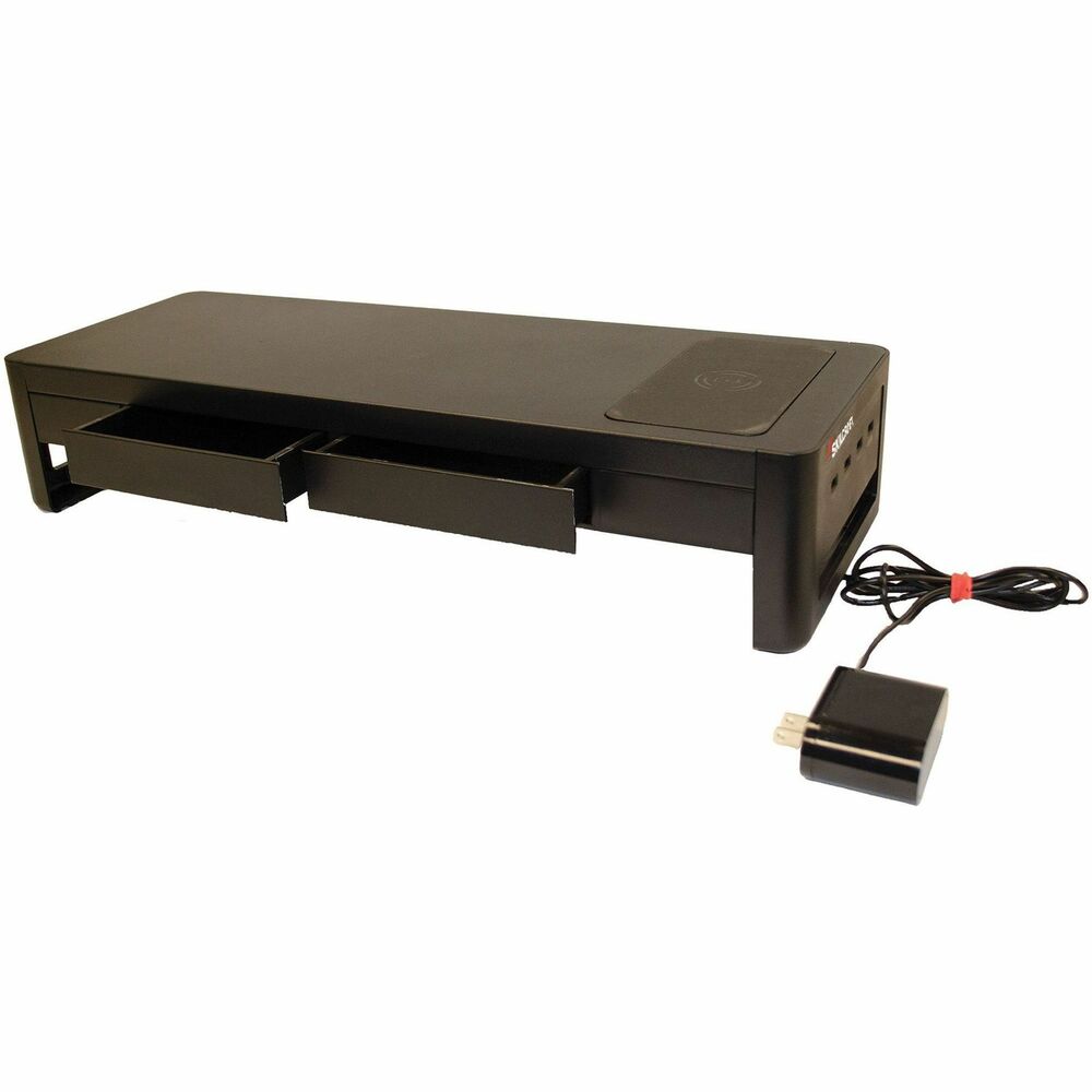 NSN7135323 - Monitor stand elevates your monitor for ergonomic screen positioning and comfortable viewing to reduce neck pain and eyestrain. Built-in wireless and USB charging keep all your devices charged and ready-to-use. Storage drawer lets you organize your supplies and keep them within reach. Wireless Charging Monitor Stand adds a contemporary feel to any work space. It features a wireless charging pad, four USB-A ports, tablet slot and two storage drawers. Stand is made of aluminum and plastic.   