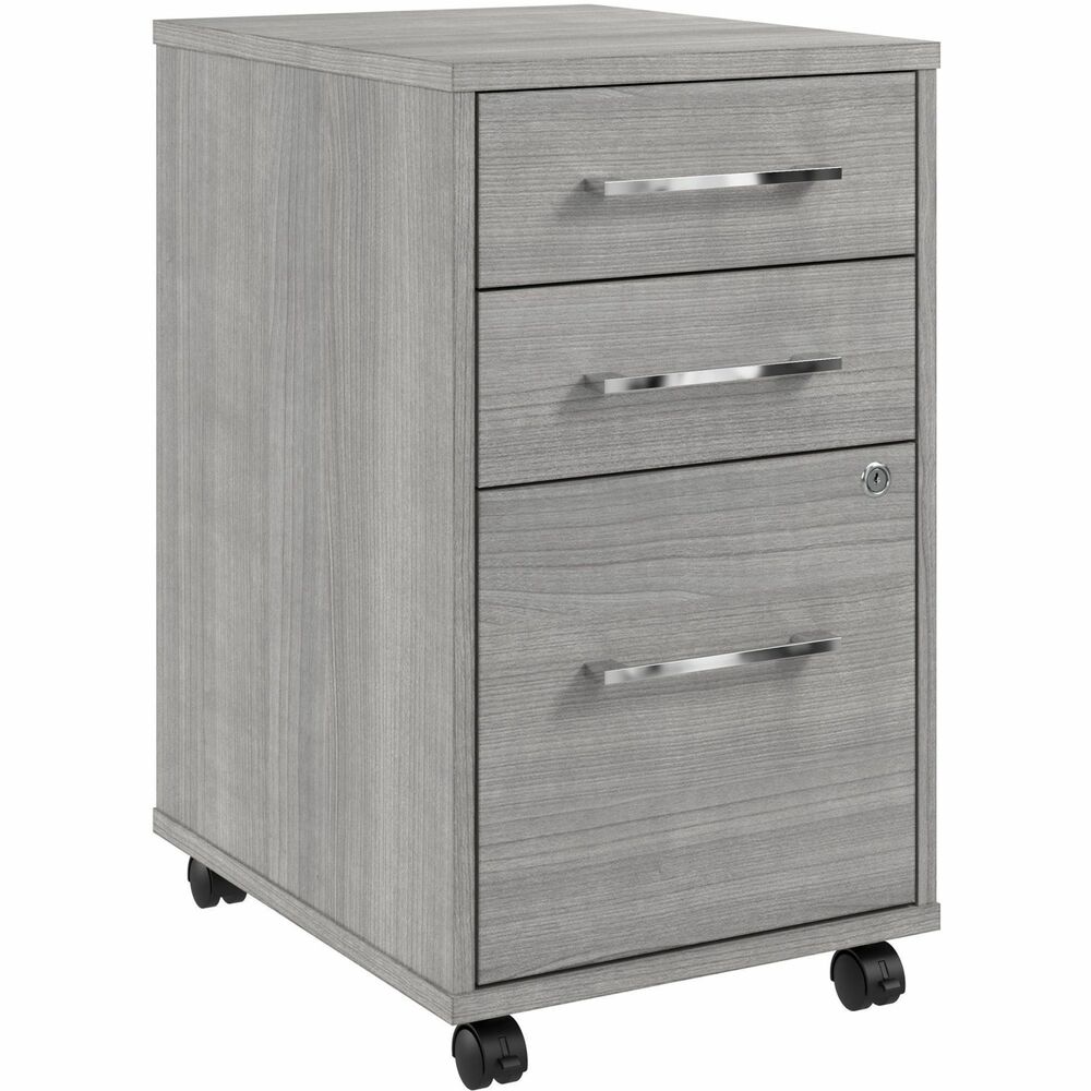 BSHHUF116PG - 3-Drawer Mobile File Cabinet provides the form and function needed to support your entrepreneurial spirit. An ideal choice for small to medium-size businesses and home offices alike, the small filing cabinet rolls effortlessly throughout your work space to provide storage where it's needed most. Bottom drawer opens on smooth, full-extension, ball-bearing slides for easy access to letter/legal/A4-size paperwork while two box drawers organize writing utensils and other small office supplies. Drawers can be locked to safeguard documents with sensitive information as well as valuable items. The rolling file cabinet's compact design allows it to fit conveniently below a standard worksurface to provide under desk storage. Front casters lock for secure placement. Coordinating items in the Hustle Collection include a variety of computer desks in addition to a lateral file cabinet, storage cabinet and five-shelf bookcase (none included).