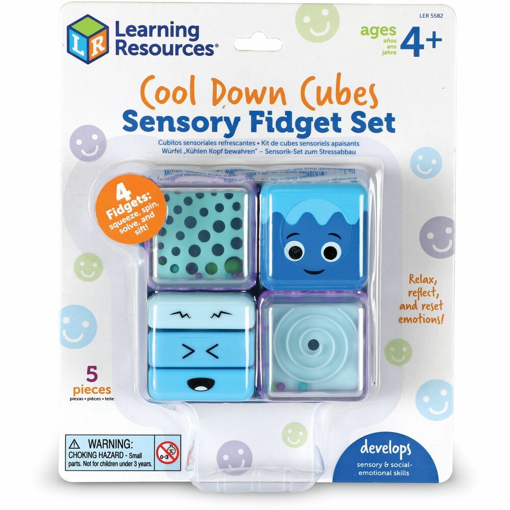 LRNLER5582 - A cool way to cool off! Kids reset and recenter with four calming sensory cubes that each come with a different fidget action-squeeze the slow-rise foam, spin the spinner, solve the maze, and sift the falling beads! Cubes fit inside tray for easy cleanup or on-the-go play.Dimensions: 7 x 2.13 x 8.5 inches