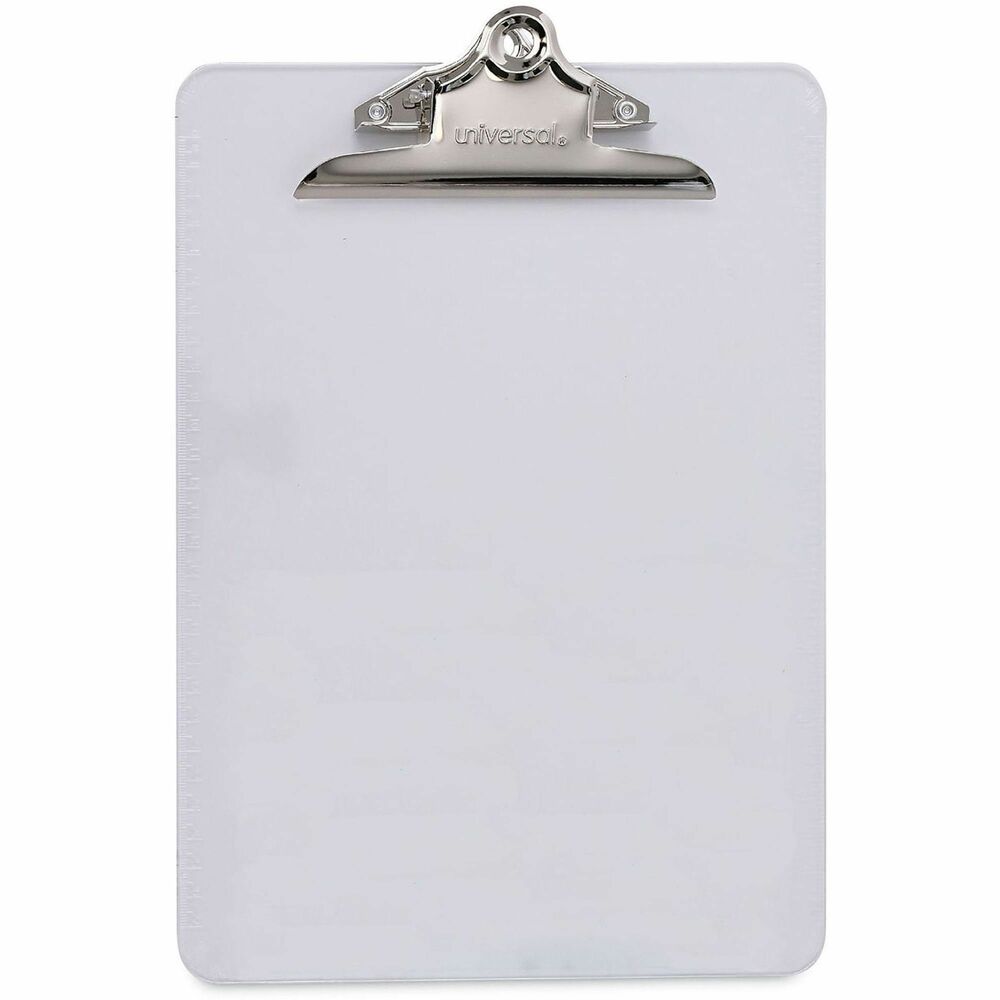 UNV40308 - Durable clipboard features plastic construction and built-in hanging hole provides a smooth writing surface. Built with an attractive, transparent board material that's available in easily identifiable colors. Strong clip securely holds papers and documents in place. Thoughtfully designed with rounded corners for easy transport. The variety of colors allows for quick and easy visual identification by project or department.