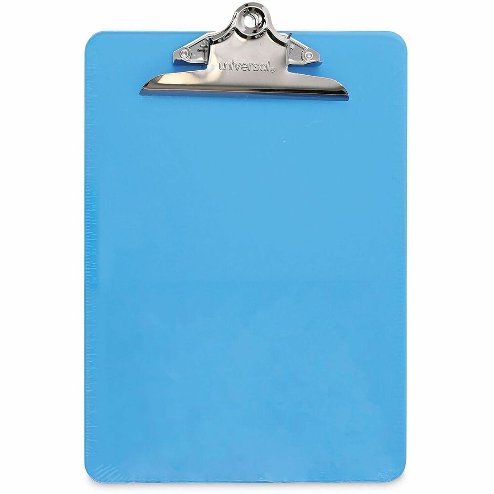 UNV40307 - Durable clipboard features plastic construction and built-in hanging hole provides a smooth writing surface. Built with an attractive, transparent board material that's available in easily identifiable colors. Strong clip securely holds papers and documents in place. Thoughtfully designed with rounded corners for easy transport. The variety of colors allows for quick and easy visual identification by project or department.