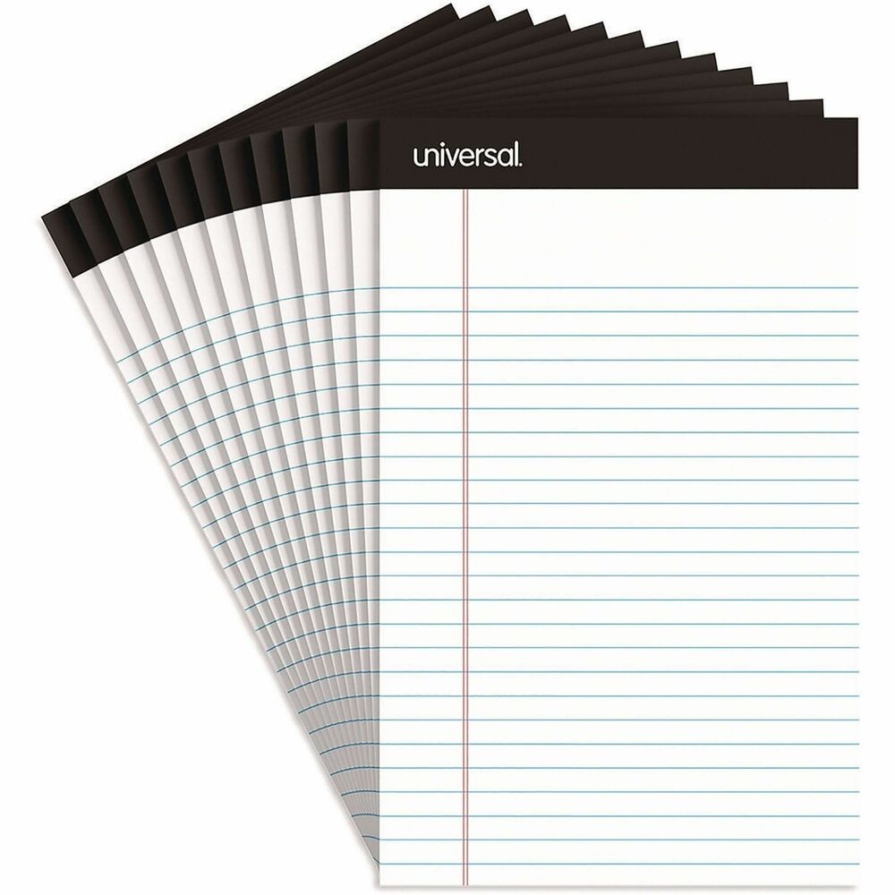 UNV57300 - These heavyweight paper writing pads ensure durability and premium feel. Red margin rule is perforated for easy removal. Black headband strip and taped binding provide a polished look. Sturdy heavy-duty back offers support, making product suitable for stationary and on the go use.
