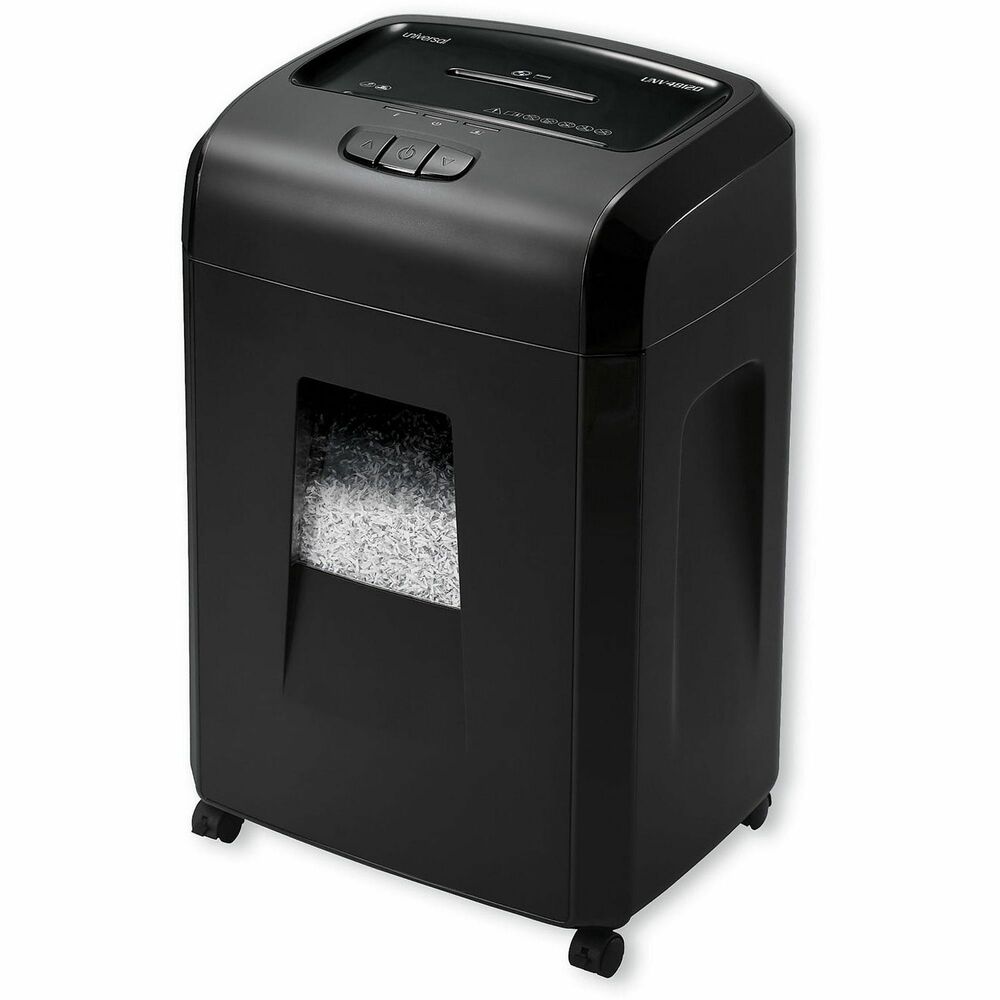 UNV48120 - Shreds up to 20 sheets at a time into tiny micro-cut particles (Security Level P-4). Auto reverse feature stops and reverses paper should a jam occur. Quiet shredding for home and small offices. Safely shreds staples, paper clips, plastic credit cards, CDs/DVDs and junk mail. Runs continuously for up to 20 minutes before a 15-minute cool down period is needed. Eight-gallon pull-out waste bin.