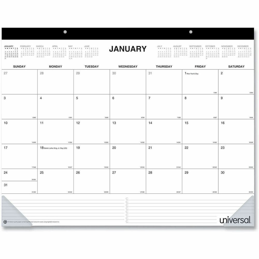 UNV71002 - Keep this easy to read desk pad on your desk for easy schedule referencing. This desk pad is large, so there's enough space to write about each appointment, task or meeting in detail, while the durable backing offers a sturdy writing surface. Weeks run Sunday through Saturday and each page features ruled spaces for notes and to-do's. Pages have perforation line for easy tear to next month. Full year calendar reference is listed across the top of every page with the current month indicated for easy future planning. Top binding with two eyelets allow desk pad to be hung as a wall calendar and two poly corners help keep pages flat. 