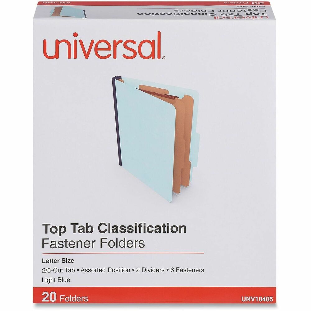 UNV10405 - Protect your paperwork with moisture-resistant classification folders. The multiple fasteners and dividers allow you to create subcategories for home or office filing. Customized filing allows you to simply sort and seek paperwork by subject or document type. 2/5-cut tabs with dividers provide space for labeling and easy file identification. Folders are built with heavyweight paper construction to withstand repeated use.