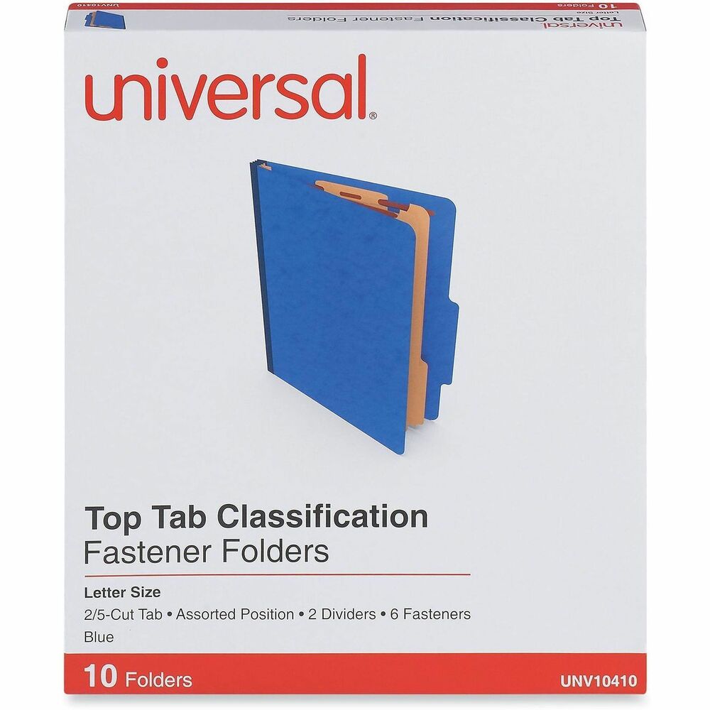 UNV10410 - Protect your paperwork with moisture-resistant classification folders. The multiple fasteners and dividers allow you to create subcategories for home or office filing. Customized filing allows you to simply sort and seek paperwork by subject or document type. 2/5-cut tabs with dividers provide space for labeling and easy file identification. Folders are built with heavyweight paper construction to withstand repeated use.
