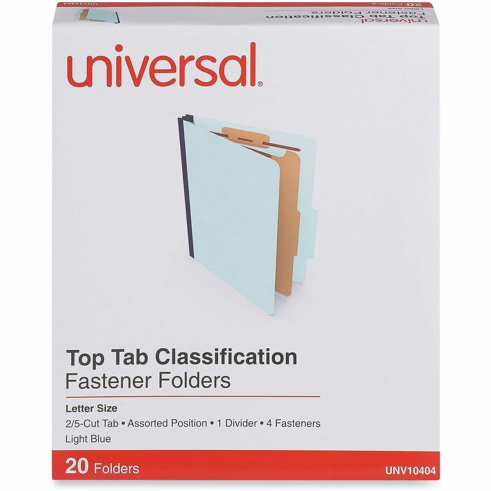 UNV10404 - Protect your paperwork with moisture-resistant classification folders. The multiple fasteners and dividers allow you to create subcategories for home or office filing. Customized filing allows you to simply sort and seek paperwork by subject or document type. 2/5-cut tabs with dividers provide space for labeling and easy file identification. Folders are built with heavyweight paper construction to withstand repeated use.