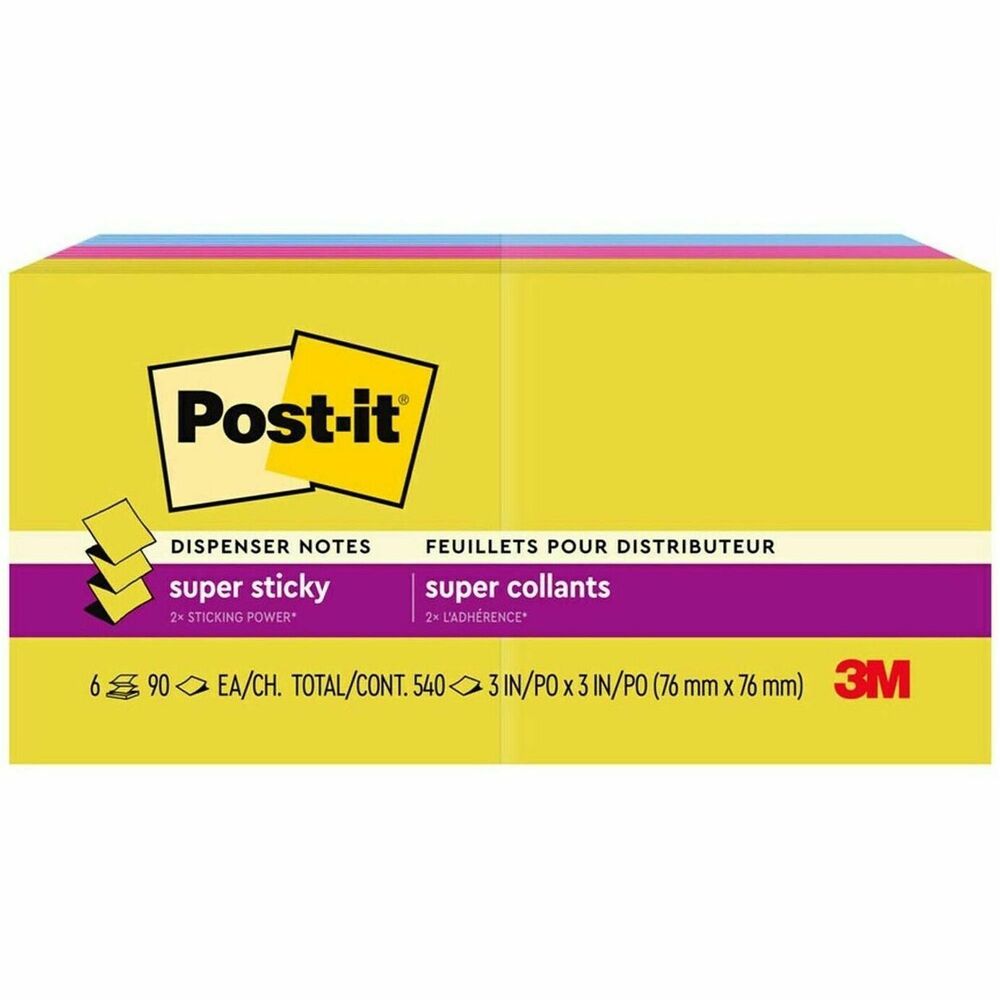 MMMR3306SSJOY - Highlights  3 in x 3 in (76 mm x 76 mm), Oasis Collection Dispenser Pop-up Notes  Post-it 100% Recycled Paper Super Sticky Dispenser Pop-up Notes have 2X the sticking power  VERSATILE AND ESSENTIAL: Post-it Super Sticky Notes are the perfect solution for shopping lists, reminders, to-do lists, color-coding, labeling, family chore reminders, brainstorming, storyboarding, and quick notes  VARIOUS SIZES AND SHAPES: Available in different sizes, with or without lines, to cater to your specific needs  EYE-CATCHING COLORS: Vibrant and colorful reminders are more likely to grab attention and be noticed  INTRODUCING THE SUMMER JOY COLLECTION: Share the warmth of the summer sunshine memories all year long with these colors from the Summer Joy collection including Citron, Power Pink and Washed Denim  EXPLORE OUR COLLECTIONS: With 11 color collections, the Post-it Brand offers a wide range of options to suit every style and preference, whether at home, in school, or at the office  TRUST THE ORIGNAL CREATOR: Made in the USA with globally sourced materials, the one and only Post-it Note was invented over 40 years ago by the Post-it Brand  SUSTAINABILITY: Post-it SuperPost-it Super Sticky Dispenser Pop-up Notes, Summer Joy Collection, 3 in. x 3 in., 6 Pads/Pack, 90 Sheets/PadShare the warmth of the summer sunshine memories all year long with the Summer Joy collection. Whether jotting down your daily to-do's, brainstorming big ideas, studying or setting reminders, colors and ideas are always brighter together. These sticky notes feature 2X the sticking power and are accordion-style notes that work to refill Post-it Note Dispensers. They also stick and re-stick - allowing you to move your notes with you throughout your day. They're ideal for walls, doors, windows and other vertical surfaces, and like all Post-it Notes, they stick securely yet remove cleanly without damage. Keep your ideas across your notebooks, classroom books, calendars or other documents. No tape or tacks are needed with adhesive notes, saving you money and time on office products or school supplies. A great memo pad, these are ideal for using for notes or reminders to yourself or others. Post-it Super Sticky Notes are the perfect solution for shopping lists, reminders, notes on computer screens, time tracking, to-do lists, marking cables, color-coding documents, reminding kids to do chores, storyboarding, scratch paper and agile processing. Each notes sheet is approximately 3 in. x 3 in., with 90 sheets per pad and 6 sticky note pads per pack. These colorful sticky notes include colors from the Summer Joy collection including yellow, pink and blue. All Post-it Notes are sourced from certified, renewable and responsibly managed forests, and all Post-it Notes are recyclable, so you can recycle them when they are no longer needed.Suggested applications  Use for notes or reminders to yourself or others  Download the free Post-it App. Whether you're working or learning remotely, the Post-it App is the perfect way to capture and share ideas, keep track of assignments, or create colourful calendars with your friends. Share across multiple platforms including Dropbox, Trello, PowerPoint, or synced across your devices