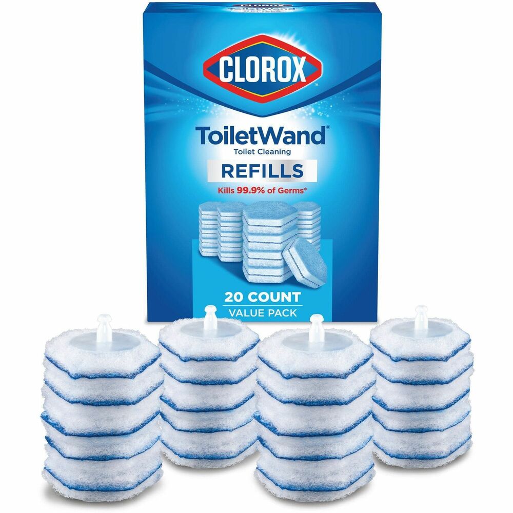 CLO31049 - Get a clean start every time with Clorox ToiletWand Toilet Cleaning Refills. Each disposable scrubbing pad is preloaded with Clorox Cleaner that kills 99.9 percent of germs when used as directed. Scrubbing pads power through hard water and lime stains two times faster than when using a toilet brush with manual toilet bowl cleaner. Designed for optimal reach, hexagonal scrubbing pads conform to hard-to-reach areas like under the rim - no more bending and stretching. The fresh scent neutralizes odors without the bleach smell. Use this nonabrasive formula to sanitize a variety of surfaces, including porcelain, chrome, enamel and synthetic marble. Never touch an icky toilet brush again: disposable scrubbing pads conveniently pop off into the trash so you can toss the mess every time.