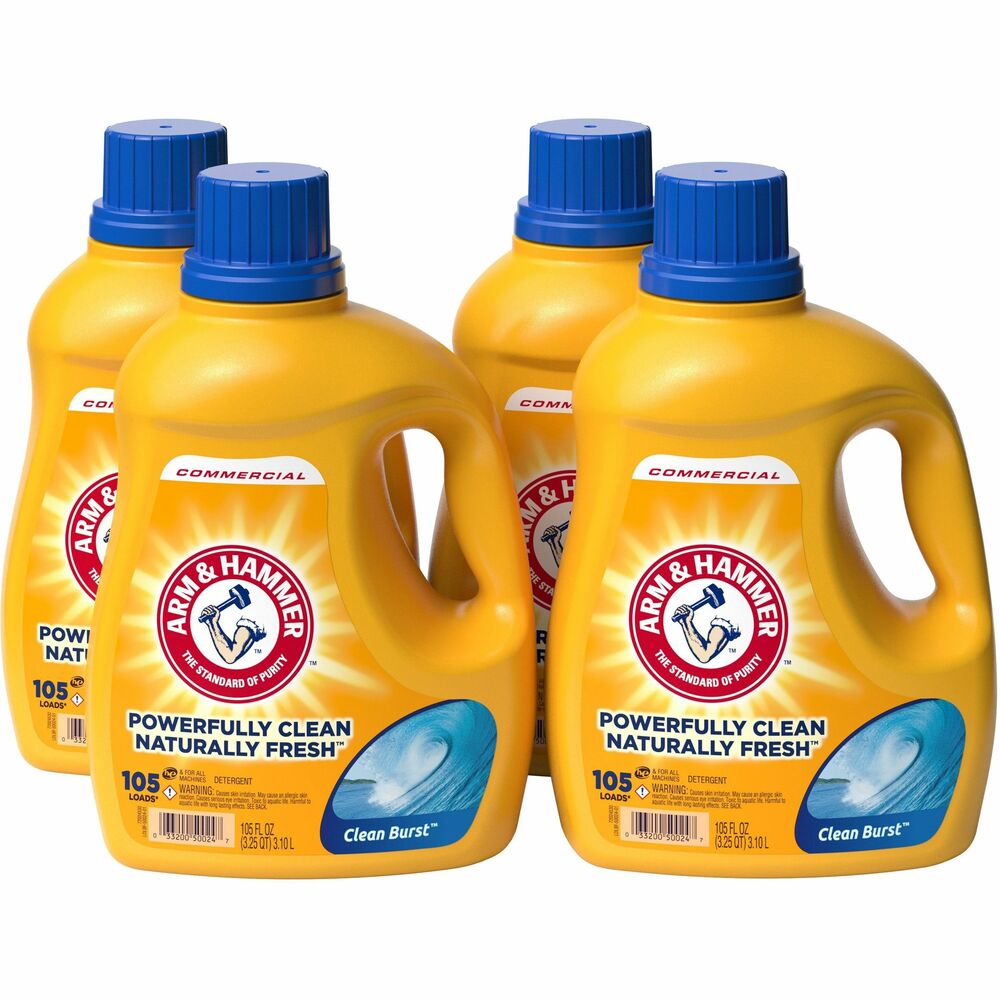 CDC3320050024CT - Liquid Laundry Detergent is concentrated with 2X powerful stain fighters to clean effectively in all temperatures. This low-sudsing laundry detergent rinses clean and is designed to work in standard machines and High Efficiency (HE) models. Blended with trusted ARM & HAMMER Baking Soda, the detergent is tough on odors, dirt and stains, leaving fabrics clean and smelling fresh with a Clean Burst scent. One 105 oz. bottle cleans 105 medium-size loads when used as directed.