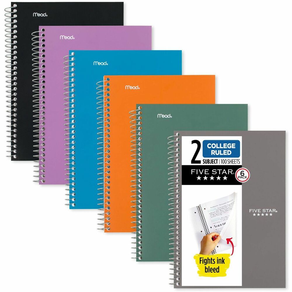 MEA840029A - Choose a notebook that's conveniently sized to keep up with your busy school day all year long. Five Star 2-Subject College-Ruled Notebook is perfectly sized for note-taking and homework on-the-go. 80 double-sided, college-ruled sheets fight ink bleed and are perforated for easy tear-out. Tough pockets help prevent tears and hold 6" x 9-1/2" loose sheets and notes. Durable, water-resistant, plastic cover protects your notes. Spiral Lock wire prevents snags on clothes and backpacks. Experience all the benefits of a Five Star notebook but in a smaller, easy-to-carry size. Sheets measure 6" x 9-1/2" when torn out. Recyclable notebook features SFI-certified paper. Remove the reinforcement tape on the pocket and recycle the rest.