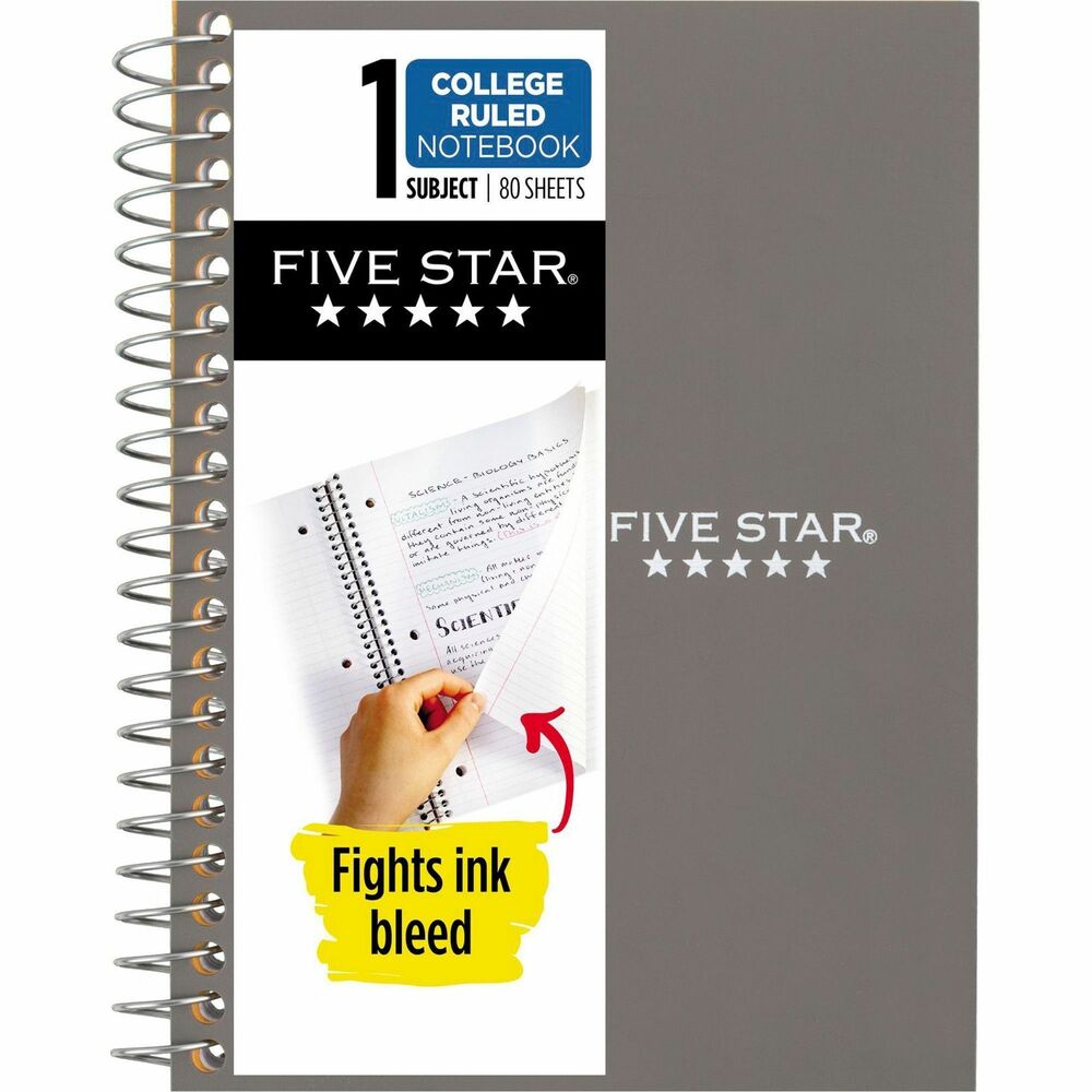MEA450048 - Find both functionality and durability in a Five Star notebook that lasts all year. Compact size is ideal for class notes and projects when you're on-the-go. Five Star 1-Subject College-Ruled Notebook features 80 double-sided, college-ruled sheets that fight ink bleed and are perforated for easy tear-out. Tough pockets help prevent tears and hold 4-3/8" x 7" loose sheets and notes. Durable, water-resistant, plastic cover protects your notes. Spiral Lock wire prevents snags on clothes and backpacks. Experience all the benefits of a Five Star notebook but in a smaller, easy-to-carry size. Sheets measure 4-3/8" x 7" when torn out. You could receive one in Amethyst Purple, Sedona Orange, Seaglass Green, Tidewater Blue, Gray or Black.