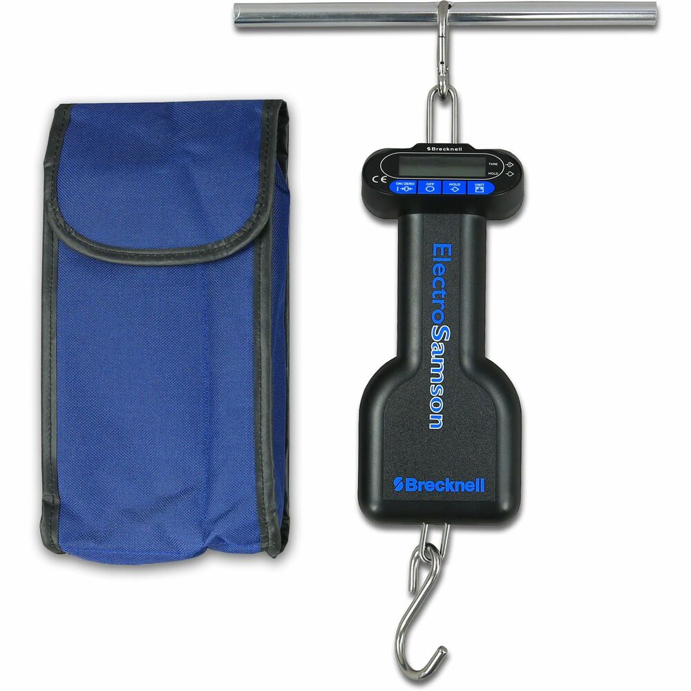 SBWES55 - Modern, ElectroSamson Handheld Digital Scale offers all the qualities of a traditional hanging balance with the simplicity, convenience and accuracy of digital operation. Large LCD is easy to read. Convenient hold feature allows one-person operation on heavier loads. Angled display lets you operate with only one hand. Scale features a strong, aluminum grip handle and memory tare function that retains tare even when powered off. Weight capacity is 55 lb.