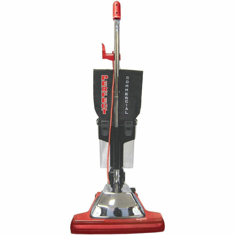 VACP106 - 16" Wide Upright Dirt Cup Vacuum with ergonomic handle features fingertip control for back and forth movement so you no longer need to grip with your entire hand. Xtra Heavy, Xtra Large, reinforced, quick-release cord clip allows easy cord release. 870-watt, 8.5-amp motor has a heat-overload protection system. Extra-strength metal hood provides added protection. Six-position, carpet adjustment knob allows easy turning. Extra-wide, nonmarking, see-through, transparent bumper lets you view the patented, built-in magnet - a super-charged super magnet with three times more charge. 50' heavy-duty, three-wire cord is insulated and flexible. Handle bail and heavy-duty, metal step-on switch are made of hardened steel. Metal, large-area, foot-release pedal is built to last. CRI-certified, UL-listed vacuum includes large, easy-to-roll, wide-back wheels; V-shape motor vents for better airflow; and SMS-lined ShakeOut cloth bag.