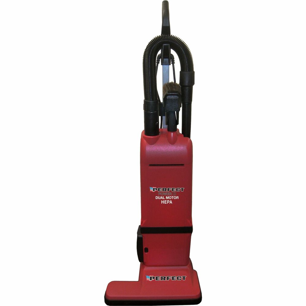 VACDM101 - Dual-Motor Commercial Vacuum features a heavy-duty, super-powerful suction motor with 90" of water lift (suction) at the end of the hose. Powerful brushroll motor is gear-driven. HEPA filtration system lets you easily change the HEPA filter as needed with a push of a button. Re-engineered, larger debris opening stops dirt from clogging. Extra heavy-duty, cord-mounting system easily supports the 50' cord. Hi-Tech, fire-retardant, sound-deadening gel provides quiet use during daytime or nighttime cleaning. Vacuum also features 15" cleaning path; long-lasting, geared drive belt; and three-way switch that turns on both motors or suction motor only. Patented, lock-stretchable attachment hose (stretches 3' to 6') includes a dependable screw-in fit so the hose locks without fail. Built-in circuit breaker with automatic shutoff prevents motor damage. L-shape base cleans hard-to-reach places. Attachments include crevice tool, wand and combo dust brush/upholstery tool.