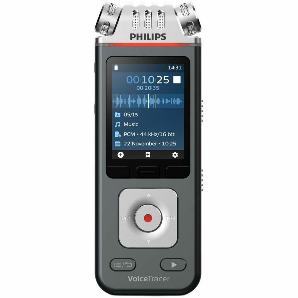 PSPDVT6115 - Exceptional recording, shared instantly | with automatic speech-to-textCapture music in outstanding definition and stunning clarity with three highquality microphones. The remote control enables convenient operation, even from a distance. High Fidelity music recording as its best. Combined with Sembly's AI Speech-to-Text Cloud Software, you can even turn your recordings into text quickly and accurately. Simply upload your files to Sembly when you are back at your computer and let it automatically convert your recordings to text for you.Features | Three high-fidelity microphones for best-in-class audio recordingSeveral key components are needed to record sound as naturally as possible in studio-like audio quality: high signal-to-noise ratio, highly dynamic microphones to capture soft tones as well as loud drums, a high-quality microphone suspension to avoid pickup of grip noise, a strong left and right channel separation for human ear live-like effect.24 bit/96 kHz quality recording for capturing every detailThe VoiceTracer captures audio in spectacular 24 bit/96 kHz. This uncompressed recording makes sure you capture every beat in the most natural and crisp audio quality possible.Audio scences for automatic perfect audio settings in any situationThe Philips VoiceTracer comes with preset scenes which automatically adjust the recorder's audio settings depending on what you want to record, whether it is notes, audio for speech recognition, interviews, lectures, music or meetings.Smart recording and playback functions for best recording resultsSmart recording functions make it even easier to achieve stunning audio results. The pre-recording and timer functions make sure you don't miss a single bit. Voice-activated recording is a convenient feature for hands-free recording which pauses recording when you stop speaking and resumes automatically when you begin speaking again. Recordings can be edited by overwriting a part or adding a new recording at the end. Long recordings can be split automatically or manually into separate files for easier editing or sharing. Smart playback functions, such as bookmarks and filters, also make it easier and quicker to find the recording you are looking for.8 GB internal memory for up to 88 days of recordingCapture and store up to 88 days of continuous recording thanks to the 8 GB of internal memory. A microSD memory card slot for up to 32 GB of additional memory guarantees virtually unlimited recording capacity.Rechargeable Li-ion polymer battery for extra-long recordingThe high-capacity Li-ion polymer battery can be easily charged through a standard USB C jack. This guarantees extended battery life for extra-long recording up to 36 hours, ensuring that your recorder will always be ready to work when you are.Free smartphone app for remote audio controlControl your audio recorder using your smartphone, even from a distance. The Philips VoiceTracer app makes recording events such as lectures much easier and more convenient. You can place your recorder in the front of the room near the speaker, take a seat at the back, and still control recording comfortably and without interrupting the lecture. The Philips VoiceTracer app can be downloaded for free from the Apple App Store or Google Play Store.