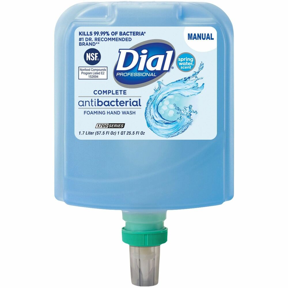 DIA19693CT - Antibacterial Foaming Handwash kills 99.99 percent of bacteria encountered in away-from-home settings. Hypoallergenic foam is as mild as water and gentle on your skin. Enriched with a triple-moisturizing system, this nondrying formula helps condition hands, allowing you to use it frequently. Spring Water-scented soap is E2-registered in the Nonfood Compounds Program. 1700 ml. refill is compatible with Dial 1700 Universal Manual Dispensers (not included).