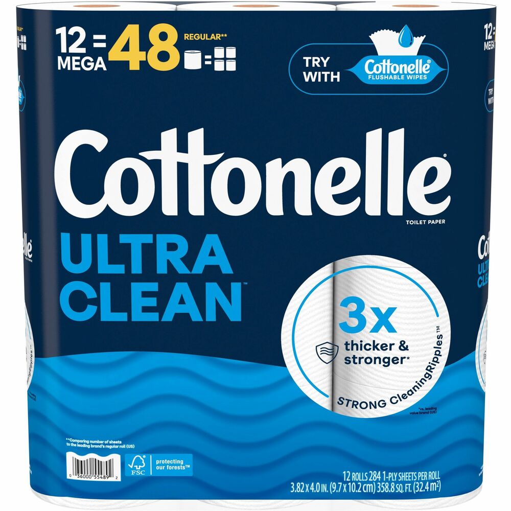 KCC55489 - Cleanliness meets quality with Ultra Clean Toilet Paper. Strong, CleaningRipples clean better and remove more in just one wipe. It removes residue, reduces odor and is safe for sensitive skin. Toilet paper is three times thicker and stronger with fibers that are 100 percent plant-based and FSC-certified, supporting responsible forestry. One-ply sheets are free of added perfumes and dyes.
