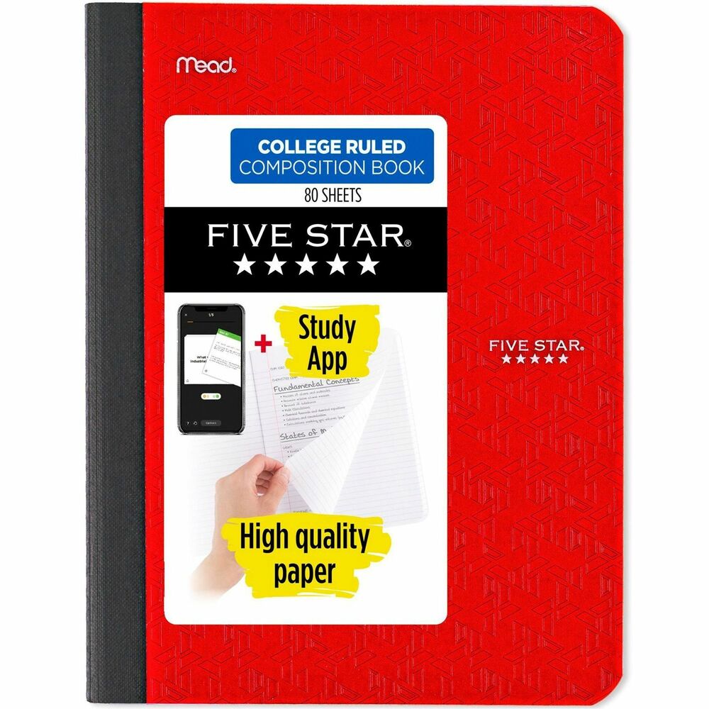 MEA850065 - College-Ruled Composition Book is perfect for labs, journal writing and more. Scan, study and organize your notes with the Five Star Study app. Create instant flash cards and sync your notes to Google Drive to access them anywhere from any device. 80 double-sided, college-ruled sheets are made of high-quality paper that are securely sewn in. Durable, one-piece plastic cover helps protect notes all year long. Cover lies flat when open for easy note-taking. Smooth, wireless-sewn binding won't snag on your clothing or backpack. You could receive one in Black, Fire Red, Forest Green, Pacific Blue, White or Amethyst Purple.