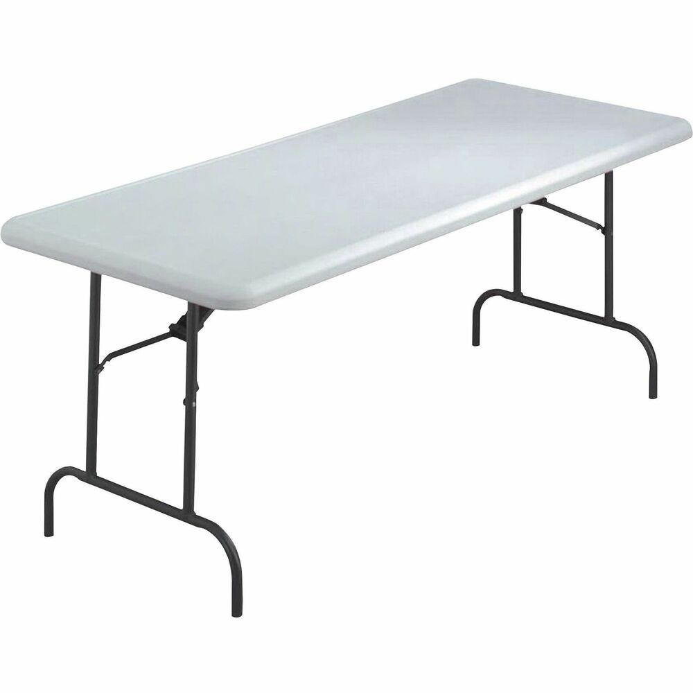 NSN6976846 - Commercial-grade, Blow-Molded Folding Table is easy to carry for indoor and outdoor use. Charcoal top is made of high-density polyethylene with contemporary, beveled radius edge. Table weighs 30 percent less than standard, wood laminate folding tables, but is far more durable with heavy-gauge, gray powder-coated steel legs, nonmar plastic feet and cross-bracing that folds into the underside cavity for safe storage and easy transport. Table cleans easily. It resists dents, scratches, rust, stains and warping. It is made with approximately 35 percent pre-consumer recycled content and all parts recyclable at end of life. TAA-compliant and Berry Amendment-compliant table meets BIFMA standards.   
