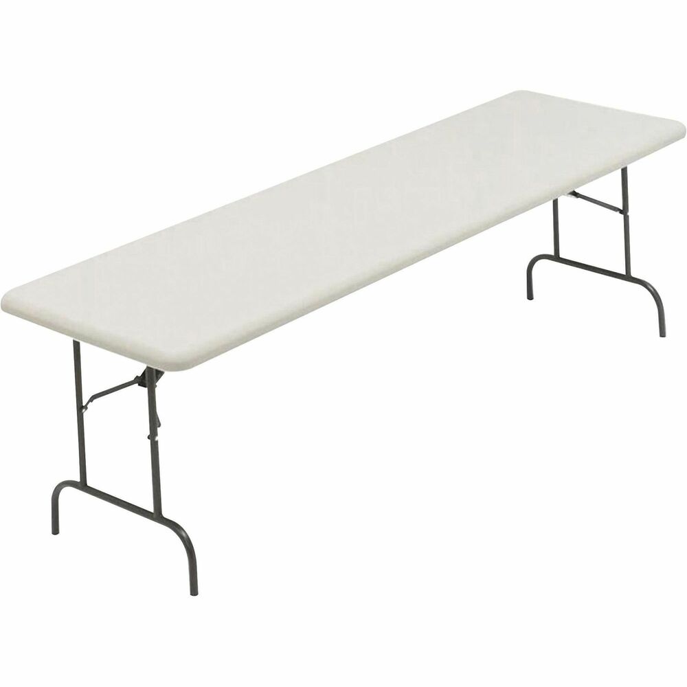 NSN6976847 - Commercial-grade, Blow-Molded Folding Table is easy to carry for indoor and outdoor use. Charcoal top is made of high-density polyethylene with contemporary, beveled radius edge. Table weighs 30 percent less than standard, wood laminate folding tables, but is far more durable with heavy-gauge, gray powder-coated steel legs, nonmar plastic feet and cross-bracing that folds into the underside cavity for safe storage and easy transport. Table cleans easily. It resists dents, scratches, rust, stains and warping. It is made with approximately 35 percent pre-consumer recycled content and all parts recyclable at end of life. TAA-compliant and Berry Amendment-compliant table meets BIFMA standards.   