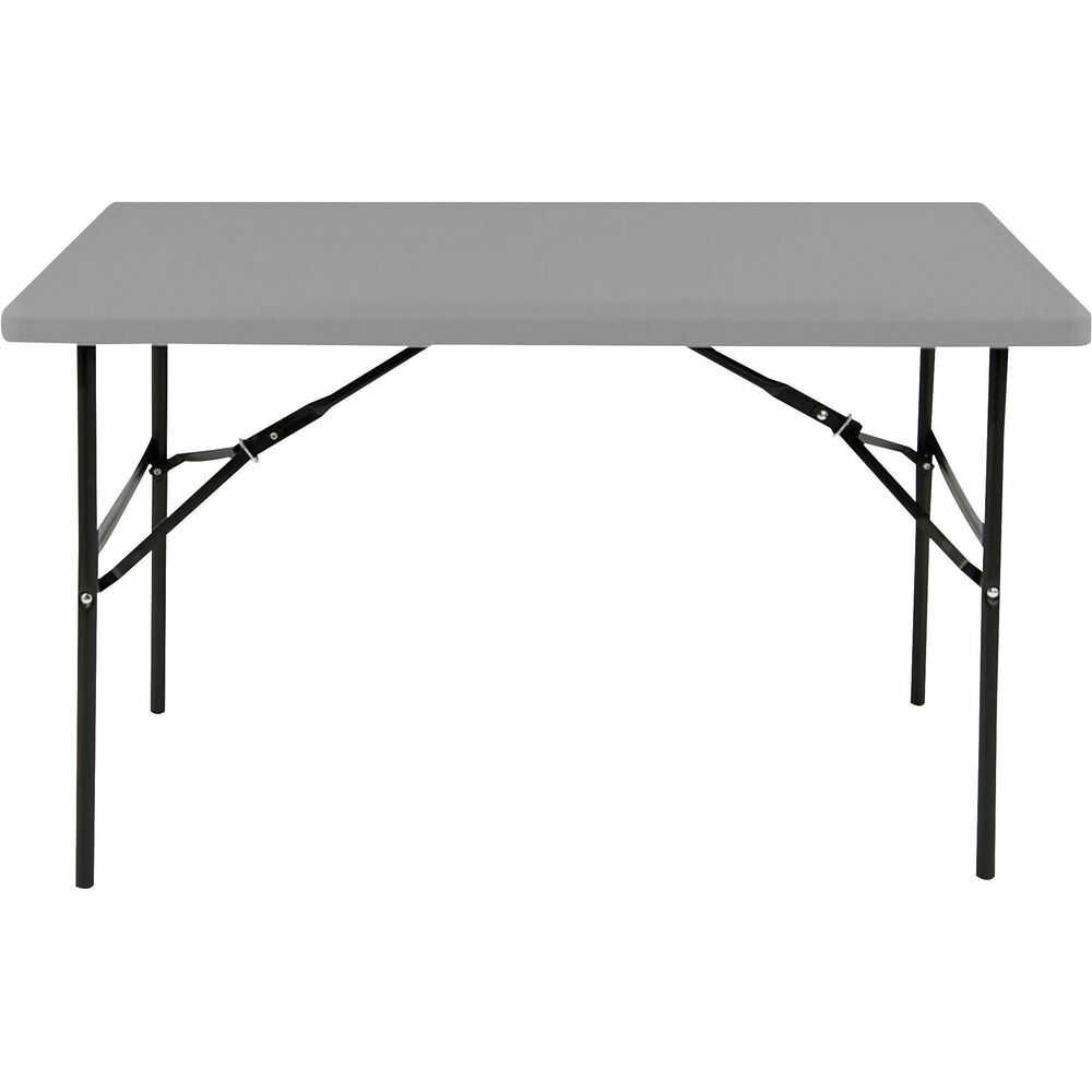 NSN6976843 - Commercial-grade, Blow-Molded Folding Table is easy to carry for indoor and outdoor use. Charcoal top is made of high-density polyethylene with contemporary, beveled radius edge. Table weighs 30 percent less than standard, wood laminate folding tables, but is far more durable with heavy-gauge, gray powder-coated steel legs, nonmar plastic feet and cross-bracing that folds into the underside cavity for safe storage and easy transport. Table cleans easily. It resists dents, scratches, rust, stains and warping. It is made with approximately 35 percent pre-consumer recycled content and all parts recyclable at end of life. TAA-compliant and Berry Amendment-compliant table meets BIFMA standards.   