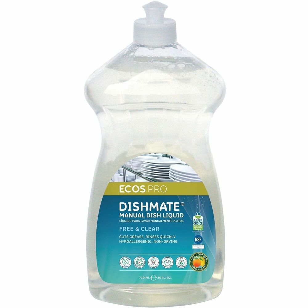 EOPPL97216 - Highly-effective manual dishwashing liquid cleans and cuts grease without drying out skin. Quick-rinse formulation leaves less residue on dishes for faster, more thorough rinse time, eliminating residue and reducing water usage. Available in Pear and Free & Clear. This pH balanced formula is made using several sustainable, plant-powered surfactants. Made without dyes; greywater and septic safe.Recognized by the US EPA's Safer Choice (DfE) and USDA's BioPreferred Program.DISHMATE Tip:Dishmate was formulated with low-foaming surfactants and detergents in order to cut through grease, remove foods and rinse very quickly. This is important, because a quicker rinse means a commensurate reduction in water use, and less time and labor spent rinsing. Surfactants and detergents do the dirt and grease-lifting; bubbles and lather do not clean.