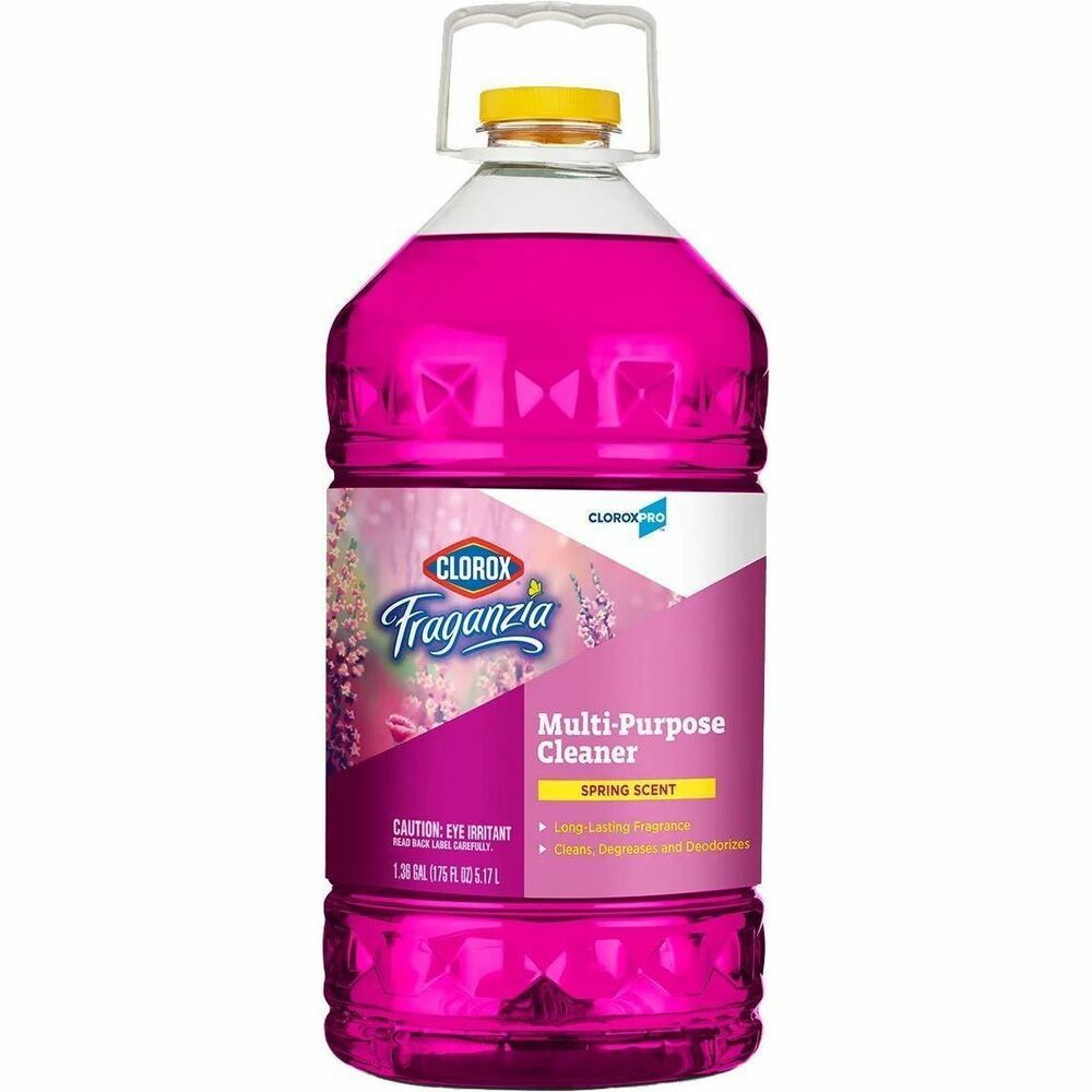 CLO31524 - Fraganzia Multipurpose Cleaner from CloroxPro is the perfect cleaner for areas where strong odors build up. This versatile cleaner gives you long-lasting freshness and can be used facility wide on a variety of jobs and nonporous surfaces including floors, tiles, countertops, sinks and toilet bowls. Use this everyday cleaner to clean, degrease and deodorize a variety of surfaces in your commercial space. After the job is done, keep your facility clean and fresh smelling with a pleasant, long-lasting Spring Scent. It can also be used for freshening clothes or linens in the wash, such as smelly restaurant aprons, bar and table mops, work uniforms and cleaning towels. The large size bottle is perfect for use in offices, daycare centers, restaurants, school and other commercial facilities.