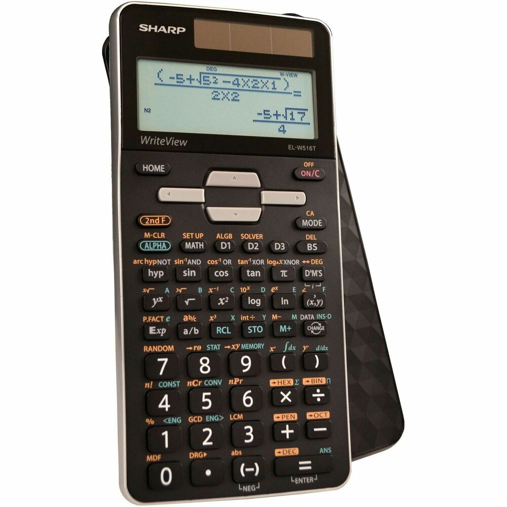 SHRELW516TBSL - The EL-W516TB-SL model is perfect for students studying general math and science, pre-algebra, algebra, geometry, trigonometry, statistics, biology, and chemistry. This calculator performs 640 advanced scientific, math, and statistics functions. The EL-W516TB-SL utilizes a 4-line display featuring an exponent symbol. WriteView display allows users to view their input and results as they would appear in a textbook. The home key allows users to start fresh from any screen. This calculator has eight temporary memories, three definable memories, one independent memory, and one last answer memory. This calculator also allows equation editing & playback, 1 & 2 variable statistics, normal, stat, and drill modes, seven regression types, and N-BASE calculations: HEX, BIN, DEC, OCT, PEN. Other functions include: logarithms, reciprocals, powers, roots, factorials, trigs, and hyperbolic trigs. Includes a protective hard case and operates on twin-power (solar with battery backup).