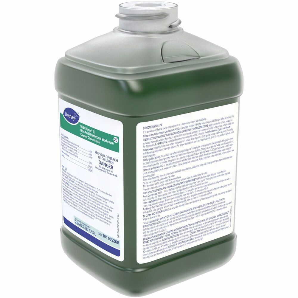 DVO101105268 - Use this non-acid, disinfectant, washroom cleaner on washable hard, nonporous surfaces including floors, walls, countertops, sinks, shower stalls, tubs and glazed tile. One-step disinfectant will not leave grit or soap scum. Wide Range II Disinfectant is effective against HIV-1, HCV, E. coli, MRSA and VRE. It kills Norovirus when used as directed. Cost-effective concentrated disinfectant works well in hospitals, nursing homes, restaurants, institutions, schools and colleges, athletic facilities, hotels and motels, factories, business and office buildings. It deodorizes and leaves a fresh floral scent for a pleasant cleaning experience. Dilution ratio is 2:04. Cleaner comes in a J-Fill bottle that works with the J-Fill dispensing system for dispensing accurate cleaning solutions with no measuring, mixing or mess. Metering tip in every bottle ensures precise dilution, reduces maintenance and eliminates the possibility of tampering with dilution ratios.