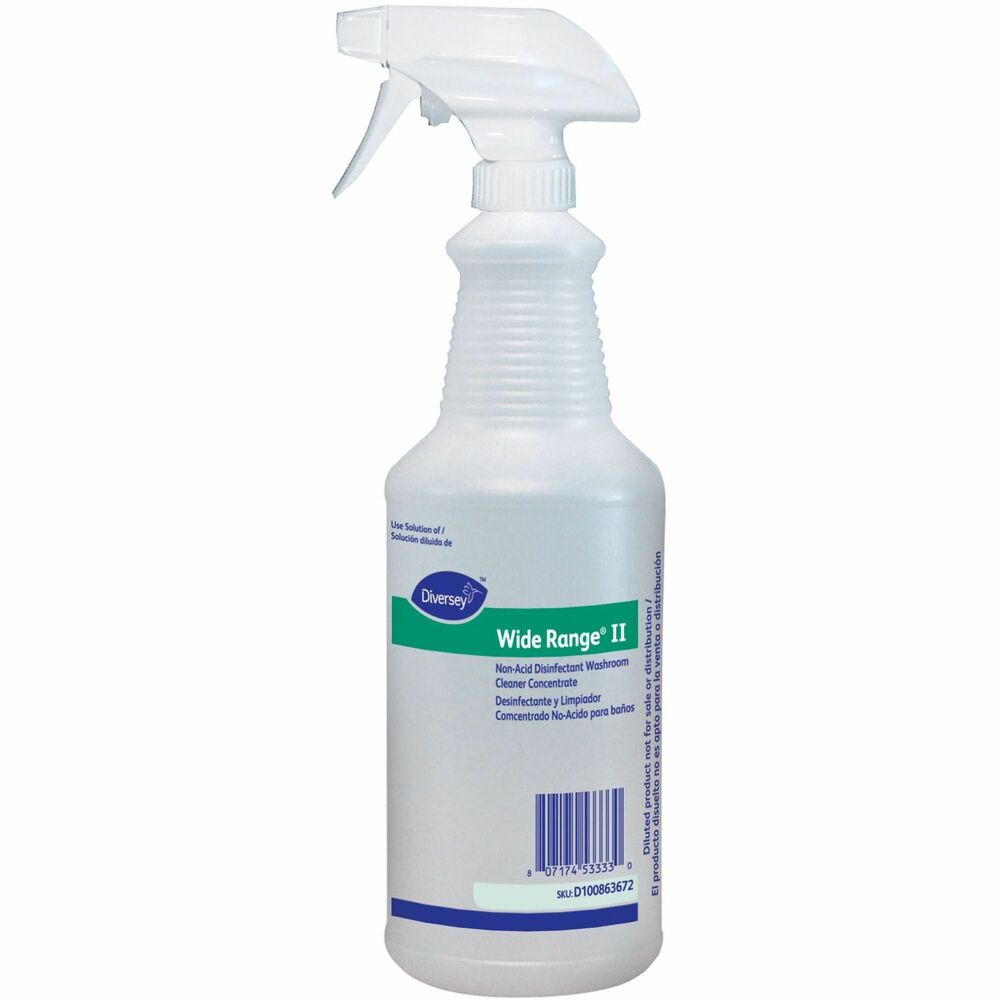 DVOD100863672 - Empty bottle is made especially for Diversey Wide Range II Disinfectant (not included). Silk screen exterior includes all the Wide Range II Disinfectant labeling for more appropriate use. Easy-to-use trigger helps you accurately apply liquids exactly where you need, preventing wasteful use. Tight seal ensures liquids stay inside the bottle to avoid messy handling. See-through construction allows you to quickly see the remaining amount of liquid, letting you know when to refill.