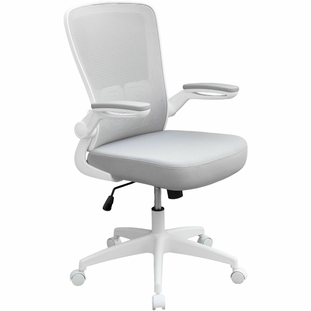 BOP6366WTGY - Flip Arm Mesh Back Task Chair is ergonomically designed to prioritize comfort and convenience. Backrest is made with horizontal mesh for breathability. Foam-padded seat is covered in soft-touch fabric for added comfort. Chair incorporates a spring-tilt mechanism with a pneumatic gas lift for effortless height-adjustment and an upright locking position. Customize the tilt tension using the knob to achieve your preferred setting. Chair is equipped with flip-up arms for easy maneuverability and supports up to 275 lb.