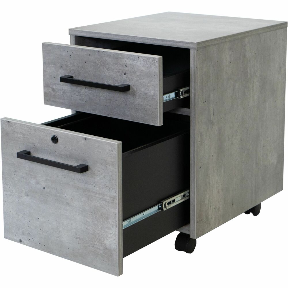 MRTIMMN202C - Mason Rolling File Cabinet features one utility drawer to store loose items and essential office supplies. File drawer holds and organizes all your important files for easy accessibility. Drawer is lockable for secure storing. Stone-color laminate lends a modern appeal. Cabinet is finished on all sides to display as an individual piece or under a desk. Cabinet includes casters for easy mobility.