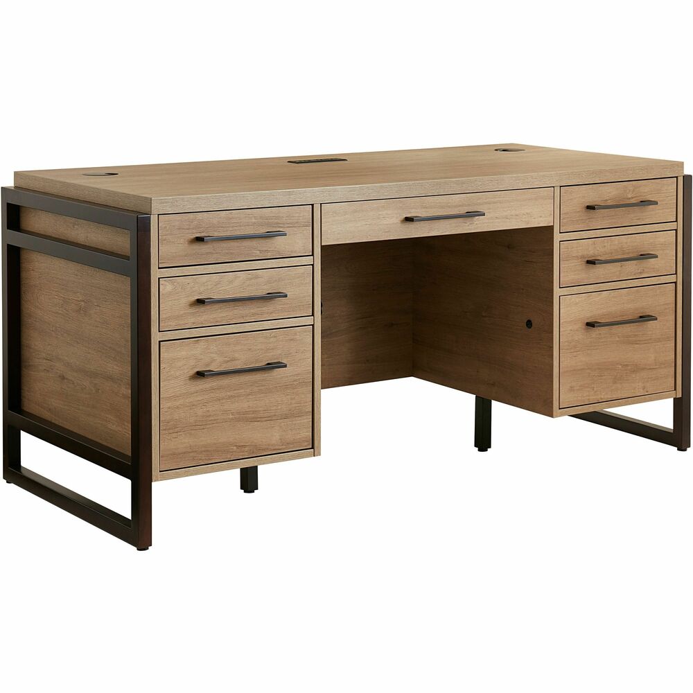 MRTIMMN680M - Mason Double Pedestal Desk features two locking drawers to file letter-size and legal-size documents for easy accessibility. Five other storage drawers are perfect for storing your loose items and essential office supplies within reach. Use grommets to organize cables and minimize cord clutter. Wood-color laminate lends a modern appeal. Return is finished on all sides. Solid wood framing accents the laminate for a structured appearance. Dark bronze hardware contrasts the desk design for a unique, interesting look.