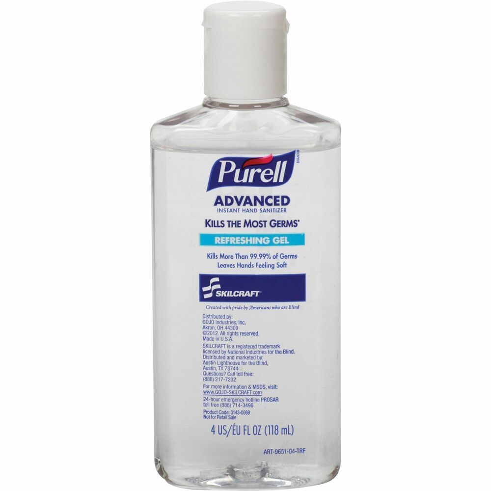 NSN4907358 - Instant hand sanitizer cleans hands when soap and water are not available. This alcohol-based, nontoxic formula kills 99.99 percent of most common germs that may cause disease. It is ideal for foodservice staff, healthcare workers, troops in the field, and office workers. Sanitizer is CHG compatible and can be used with latex, nitrile and vinyl gloves. Dye-free formula contains 62 percent ethyl alcohol and moisturizers to leave hands feeling soft and refreshed. Dermatologist-tested hand sanitizer is nonsticky, hypoallergenic and moisturizing. Fragrance is a light citrus.   