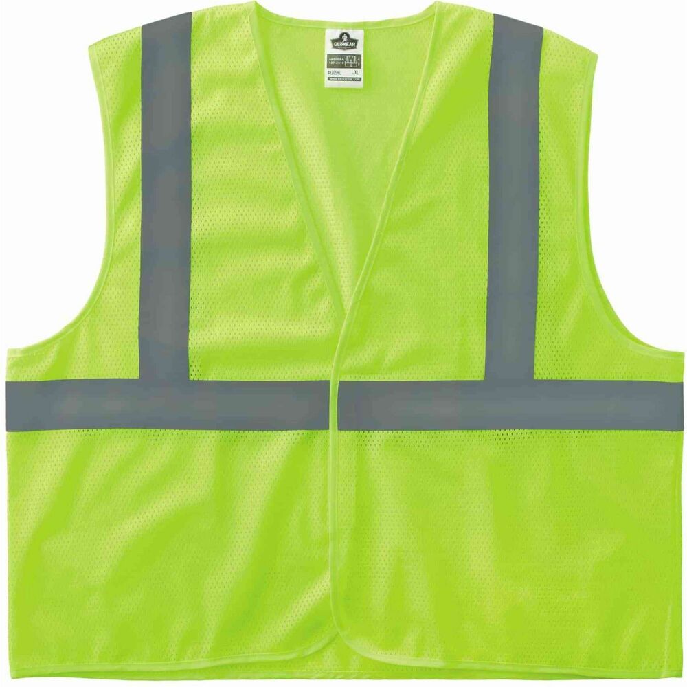 EGO21989 - GloWear 8205HL-ECO Recycled Hi-Vis Vest is a Type R, Class 2 vest that meets ANSI/ISEA 107-2020 visibility requirements and is made of 100 percent recycled polyester mesh for long-lasting use and wear. 2" reflective tape offers enhanced low-light visibility. Hook-and-loop closure allows easy on and off. Dual sizing provides a looser fit for wear over shirts, sweatshirts or jackets. Vest is ideal for road construction, baggage handling and municipalities. Recycled polyester is made with post-consumer plastic bottles converted from polyester yarn through chipmaking and spinning. The yarn is then knitted and dyed for proper vest cutting and sewing. Each machine-washable shirt is equivalent to approximately 11 plastic water bottles (16.9 oz.). 4X/5X size with a 28-1/2" long center back fits up to 65" diameter torsos.