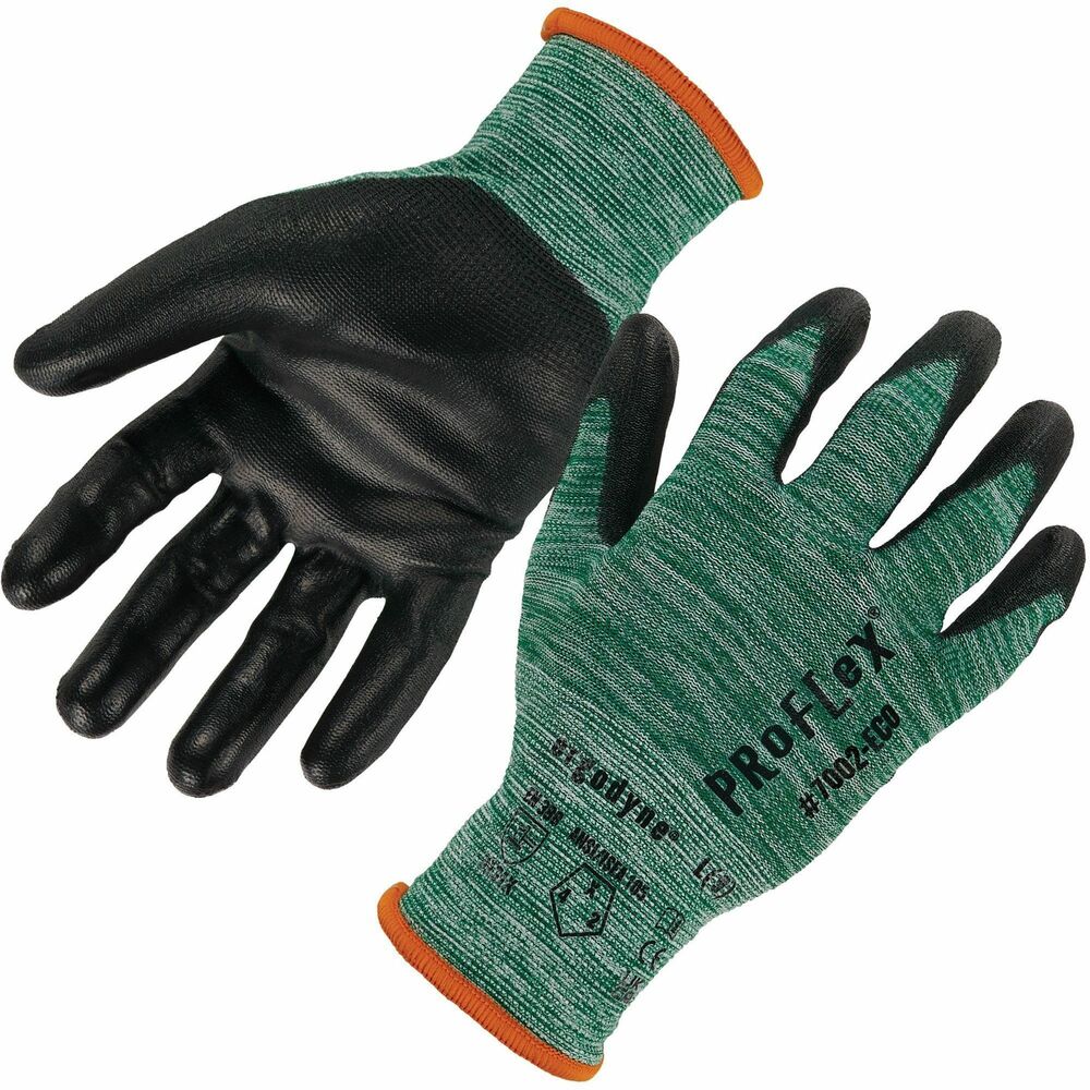 EGO10564 - ProFlex 7002-ECO Recycled PU-Coated Gloves feature polyurethane-coated palms for excellent grip and dexterity. Formfitting, 15-gauge, post-consumer recycled polyester knit protects from cuts and knicks without compromising flexibility or comfort. Snug knit cuffs are longer to enhance fit and extend protection, keeping dirt and debris out. Touch screen-capable fingertips make it easy to type on smartphones and tablets without removing gloves. Polyester knit is tested to ANSI/ISEA 105-2016 level 4 abrasion-resistance for general-purpose protection against abrasive objects and surfaces. Gloves are made from recycled polyethylene terephthalate, which is produced by converting water bottles into polyester yarn through chip-making and spinning. Utility gloves are ideal for construction, assembly, manufacturing, automotive and more.