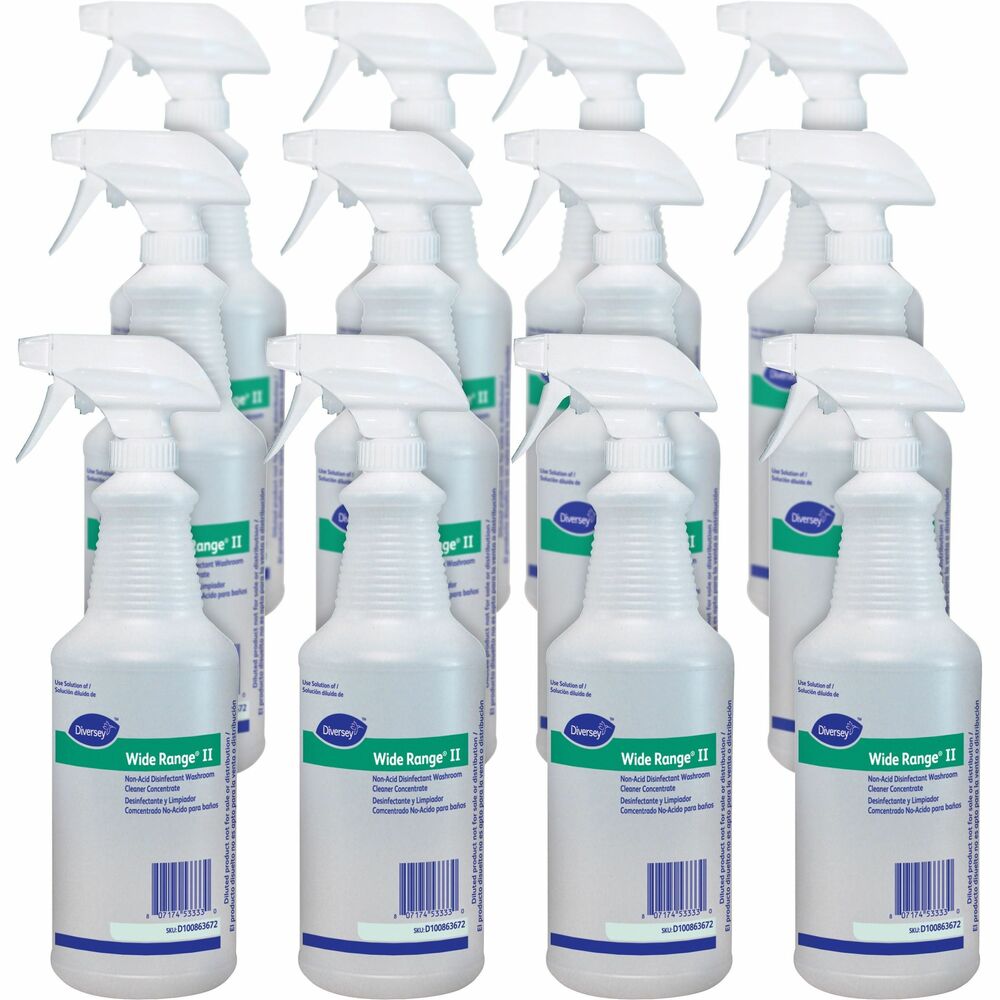 DVOD100863672CT - Empty bottle is made especially for Diversey Wide Range II Disinfectant (not included). Silk screen exterior includes all the Wide Range II Disinfectant labeling for more appropriate use. Easy-to-use trigger helps you accurately apply liquids exactly where you need, preventing wasteful use. Tight seal ensures liquids stay inside the bottle to avoid messy handling. See-through construction allows you to quickly see the remaining amount of liquid, letting you know when to refill.