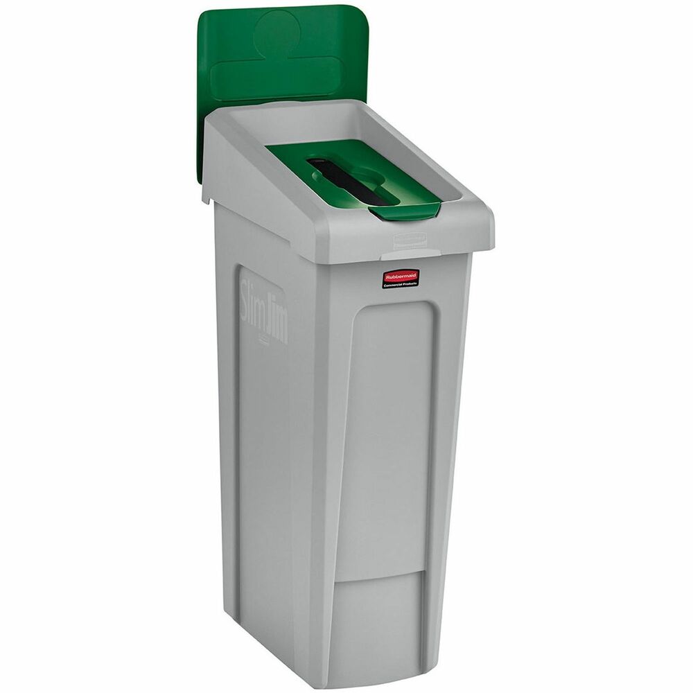 RCP2185054 - Having consistent color-coding, lid inserts and waste stream labels is essential to increasing recycling effectiveness. This single-stream recycling station is part of Rubbermaid Commercial Slim Jim Recycling Station line. Modular design lets you connect to other recycling stations for a customized disposal solution. Apply waste stream label on recycling station billboard to designate the container purpose for better waste stream visibility. One-stream kit includes one container, one lid, one lid insert, one billboard and label kit. Components snap into place without the need for hardware. Venting channels on the base make removing liners up to 75 percent easier than traditional containers so the Slim Jim container helps you get the job done more efficiently. Space-saving profile fits virtually anywhere. Bag cinches secure liners around the rim of the container and allow quick, knot-free liner changes.