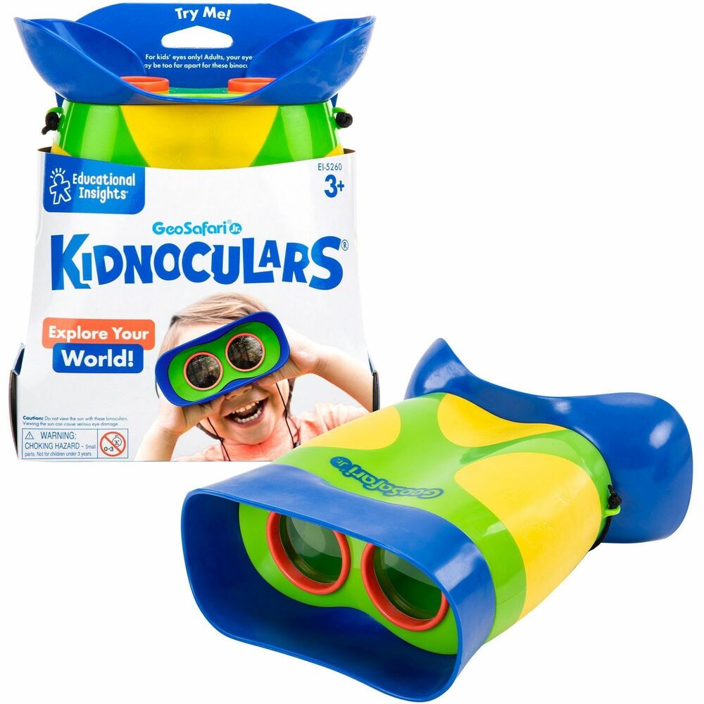 LRN5260 - GeoSafari Jr. Kidnoculars are specifically designed for little children. Enlarged, focus-free eyepieces are more than three times the size of ordinary binoculars. Perfect-fit goggles with placement guide let children (even toddlers) see up close. Goggles feature 2X magnification and a breakaway neck strap. Get children outside to explore the world and stay curious. They're great to take to the park, beach or anywhere. No batteries required.