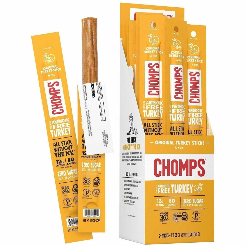 CHSCTOTJ24 - Original Turkey Snack Sticks are made of lean, free-range, antibiotic-free turkey with no added sugars, gluten, MSG, nitrates, fillers, binders or added preservatives. Snack sticks are Non-GMO Project Verified, paleo-certified, dairy-free, gluten-free, keto-friendly and Whole30 Program approved. Each 1.15 oz. stick contains 10 grams of protein and 60 calories that is low in sodium and fat. Turkey features a savory taste that is lightly smoky and mildly spicy to make every snack time a mouthwatering one. Display caddy is ideal for breakrooms or reception areas.