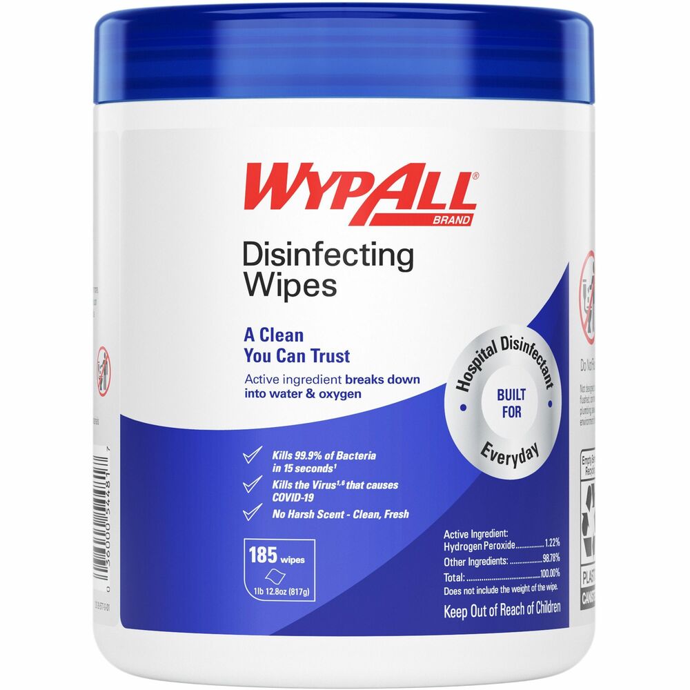 KCC54481 - Disinfecting wipes offer a clean you can trust with chemicals you can pronounce. Clean, fresh-scented formula is activated with hydrogen peroxide, killing pathogens such as Norovirus and COVID-19 virus. Active ingredient biodegrades into water and oxygen. They are approved to use in commercial, industrial and healthcare settings. Wipes meet the lowest EPA-defined human toxicity levels for disinfecting wipes so they can be labeled without "Hazards to Humans" or "Wash Hands After Use" warnings typically noted on the vast majority of disinfecting wipes canisters. They are eligible to be recycled (when used in non-hazardous applications as classified by federal, state and local regulations) via Wipes Recycling through RightCycle by Kimberly-Clark Professional, a manufacturer-led wipes recycling program. Disinfecting wipes come in canisters for efficient storage that makes it easier to handle for your people and the planet.