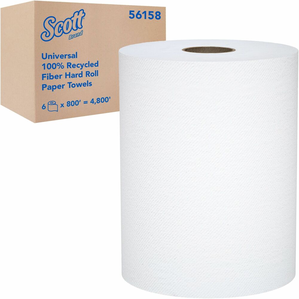 KCC56158 - Scott Universal 100 percent Recycled Fiber Hard Roll Paper Towels with fast-drying Absorbency Pockets provide efficient, reliable hand-drying for your washroom or breakroom. 1-1/2" core is compatible with a variety of Kimberly-Clark Professional dispensers and many universal towel dispensers. Paper towels are designed to reduce maintenance time, runouts and complaints. Absorbent, recycled paper towels are designed for efficient, general-purpose cleaning and drying so your employees and guests will use less. Each sheet is compressed for space-saving benefits without compromising on quality or quantity. It is part of the Responsible Partners program by K-C Professional which identifies products that lighten K-C Professional's collective footprint, enhance product efficiencies, transport in an environmentally responsible way and reduce GHG.
