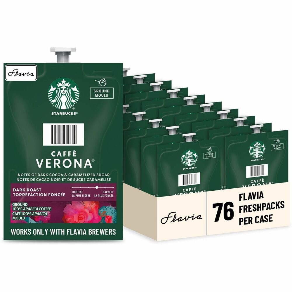LAV48104 - Caffe Verona Coffee in a convenient Freshpack brings carefully selected, authentic flavors right to your workplace. Originally imagined for a single Seattle restaurant in 1975, this dark roast features a dark cocoa texture and roasty sweetness. Starbucks named it Verona after the city that inspires so many, and we invite you to capture this same inspiration in your office. Pack-to-cup brewing process ensures nothing touches the ingredients other than hot water so your drink does not taste like previous brews. For single-serve use, Freshpacks stay completely sealed until the moment they are brewed, eliminating exposure to light, air and germs. Freshpack coffee is designed for use with Flavia single-serve, coffee brewers (not included). Made with a commitment to sustainability, innovative pouches are recyclable through Terracycle.