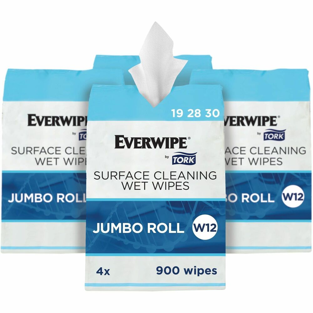 TRK192830 - Make cleaning simple with these multipurpose cleaning wipes. These single-use cleaning wipes are designed to scrub and trap dirt for a quick and effective clean, while the pH-balanced formula cleans and deodorizes. They're suitable for use on most hard surfaces and come in jumbo rolls, so staff won't need to refill the compatible Everwipe by Tork wet wipe dispensers or buckets as often. Compatible with Everwipe by Tork W12 dispensers.Advantages at a glance:Cleans and deodorizespH-balanced formulaNon-bleaching to surfacesSingle-use, disposable wipesCompatible with Everwipe by Tork W12 dispensers