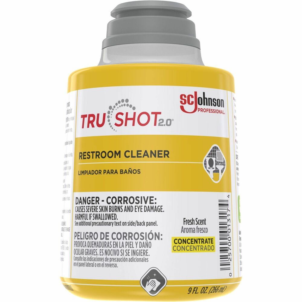 SJN379844 - Part of the TruShot 2.0 Mobile Dispensing System, TruShot 2.0 Restroom Cleaner delivers exceptional cleaning. It penetrates to remove tough soap scum, hard water, limescale, dirt, grime and oils. It effectively cleans toilets, tile, tubs, walls, sinks, faucets, countertops, cabinets, glass and glass shower doors. Portable, no-spill cartridge features an integrated metering system that provides worry-free dilution delivery. Only use this concentrated cleaner with the TruShot 2.0 trigger dispenser. Snap cartridge directly into the trigger dispenser. Easy-to-use system requires no mixing, measuring or stopping, and its fully intuitive design will have cleaning crews using it in minutes. Dispenser's onboard water reservoir easily fills at any water source, reducing re-supply trips. Cartridge fits easily in a pouch on the TruShot Mobile Dispensing Belt (not included).