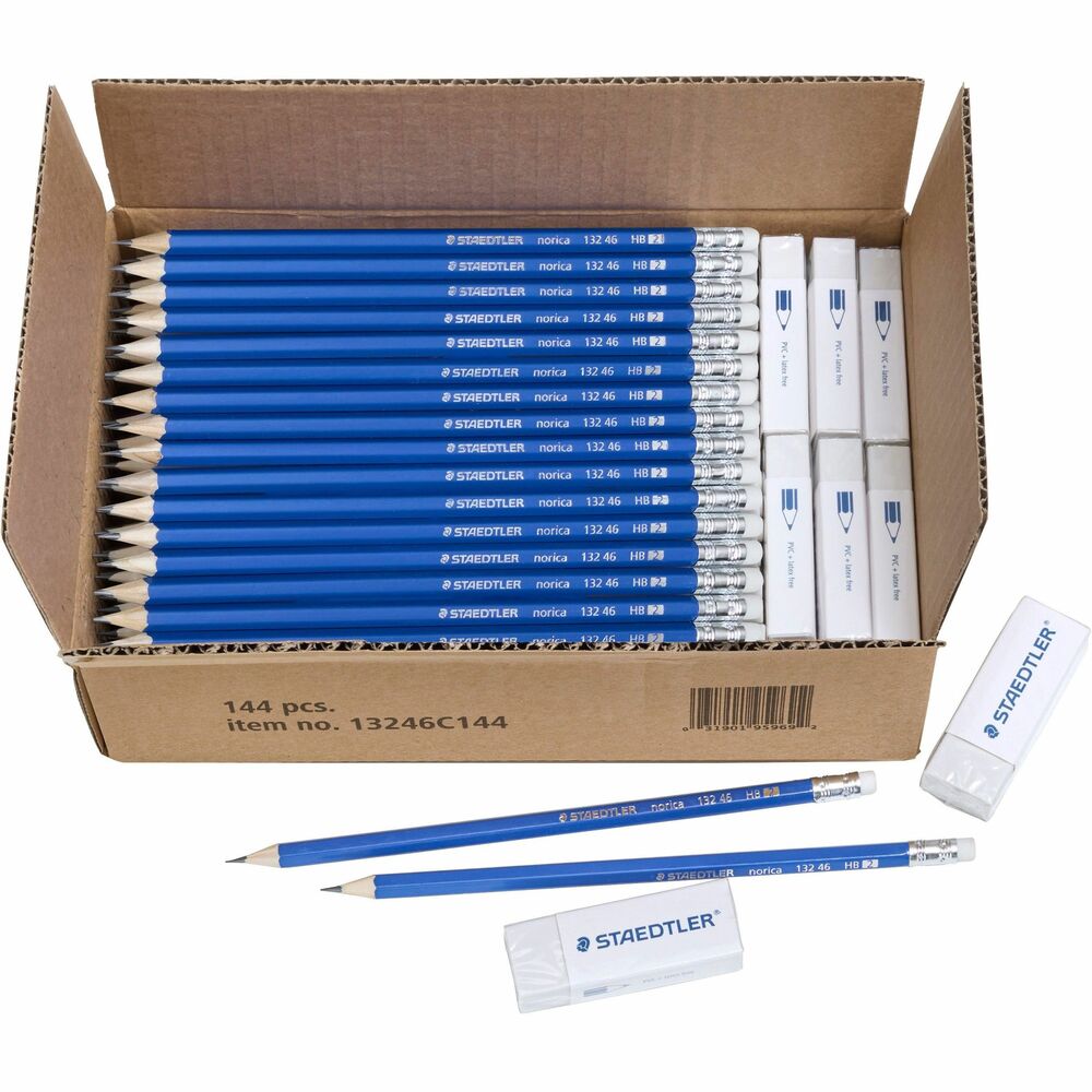 STD13246C144 - Norica Pencil Class & Eraser Class Pack offers a bulk supply of No. 2 pencils with erasers and block erasers. Premium-quality writing pencil features break-resistant lead thanks to a breakthrough, special lead formulation and super-bonded lead. Blue pencil casing is FSC certified and made with wood from sustainably managed forests. White block erasers are PVC-free and latex-free.